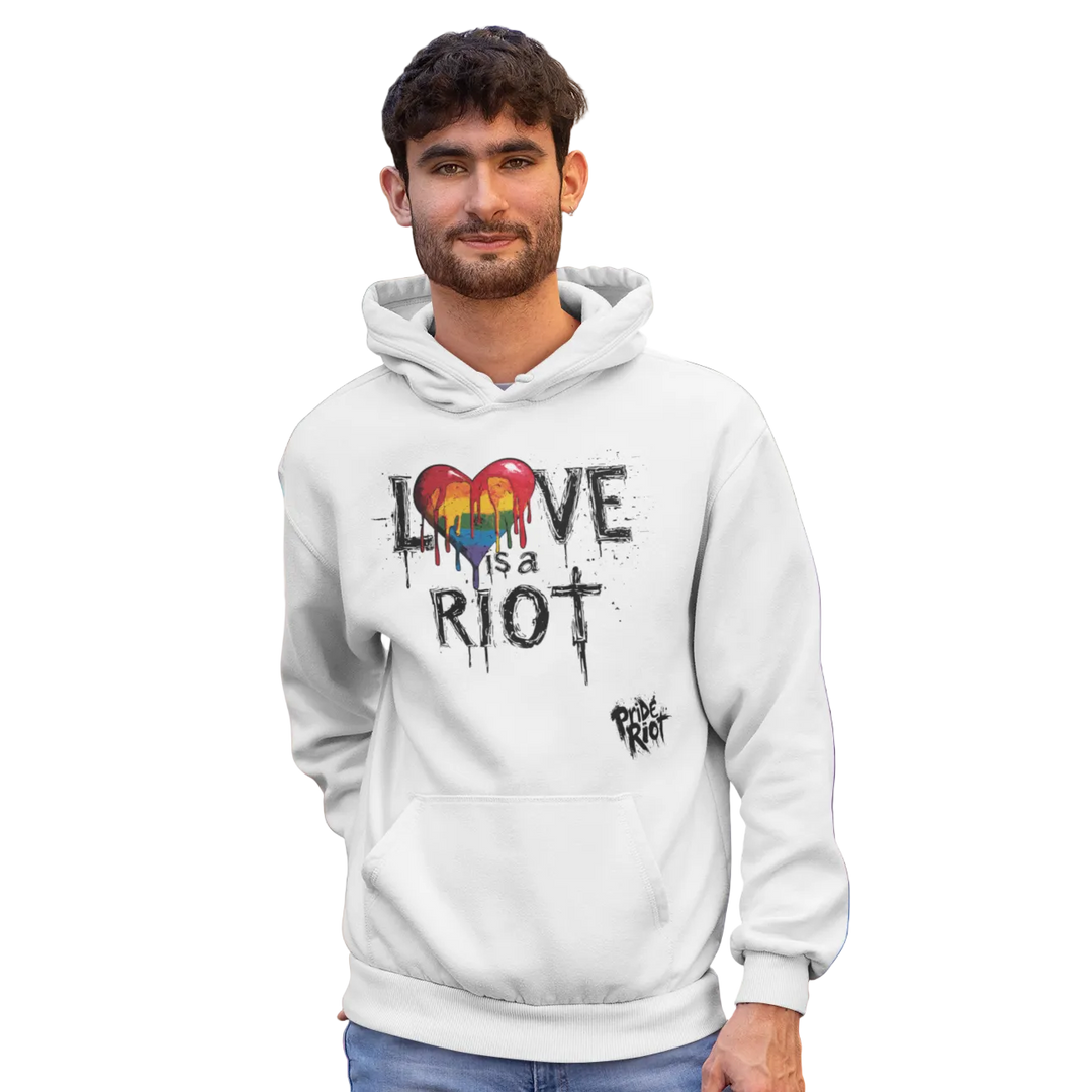 Bleeding Hearts Love is a Riot (Light) hoodie worn by a model — Pride Riot