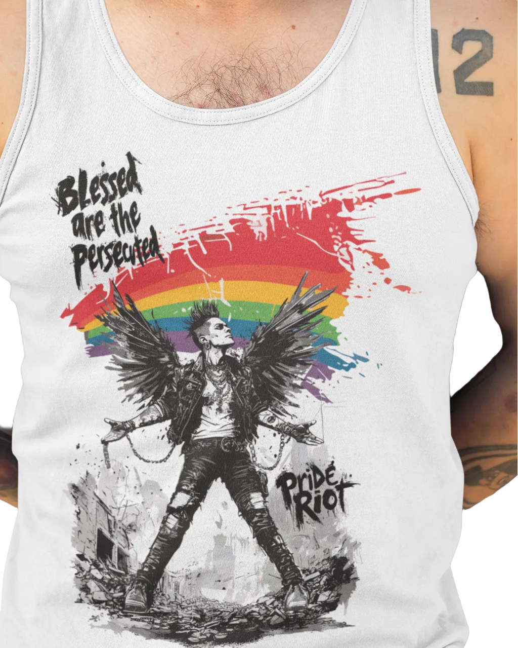 Blessed tank worn by a model — Pride Riot
