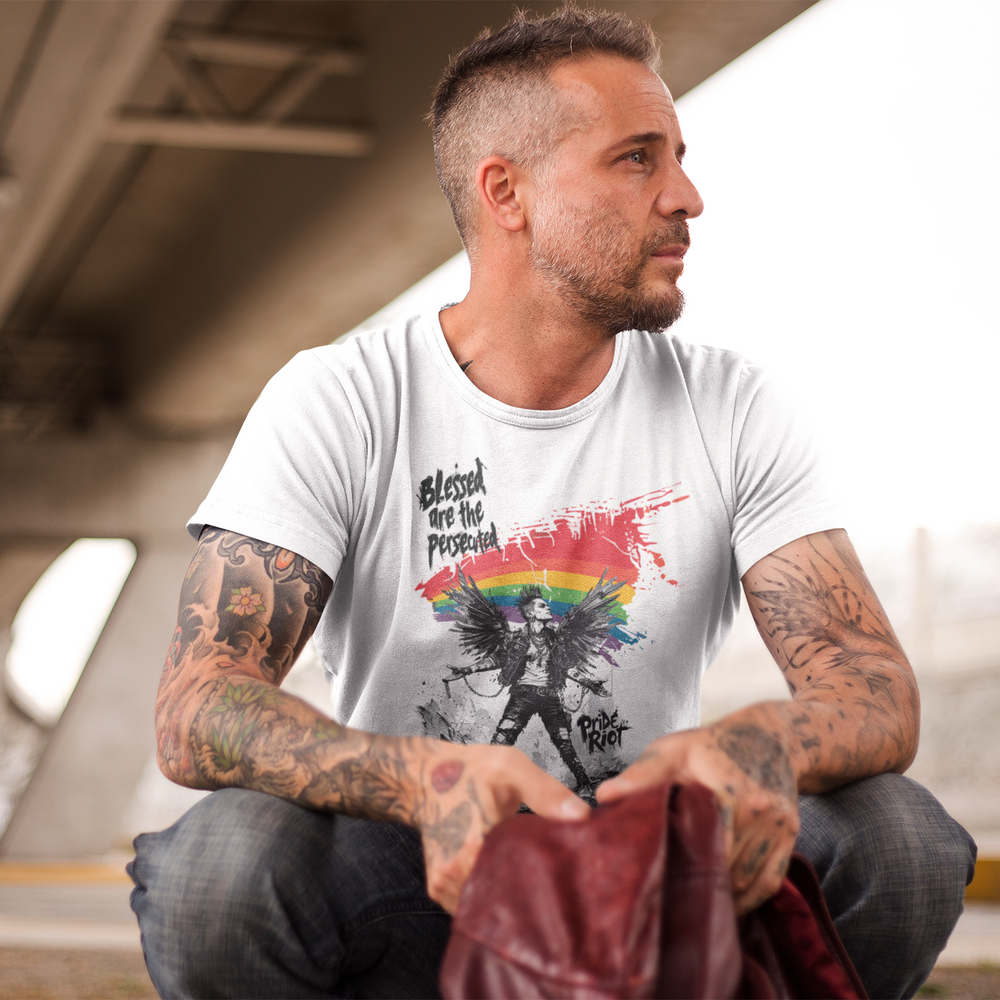 Blessed tee worn by a model — Pride Riot