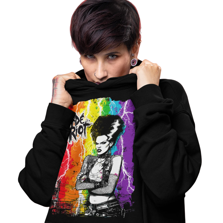Bride hoodie worn by a model, black — Pride Riot