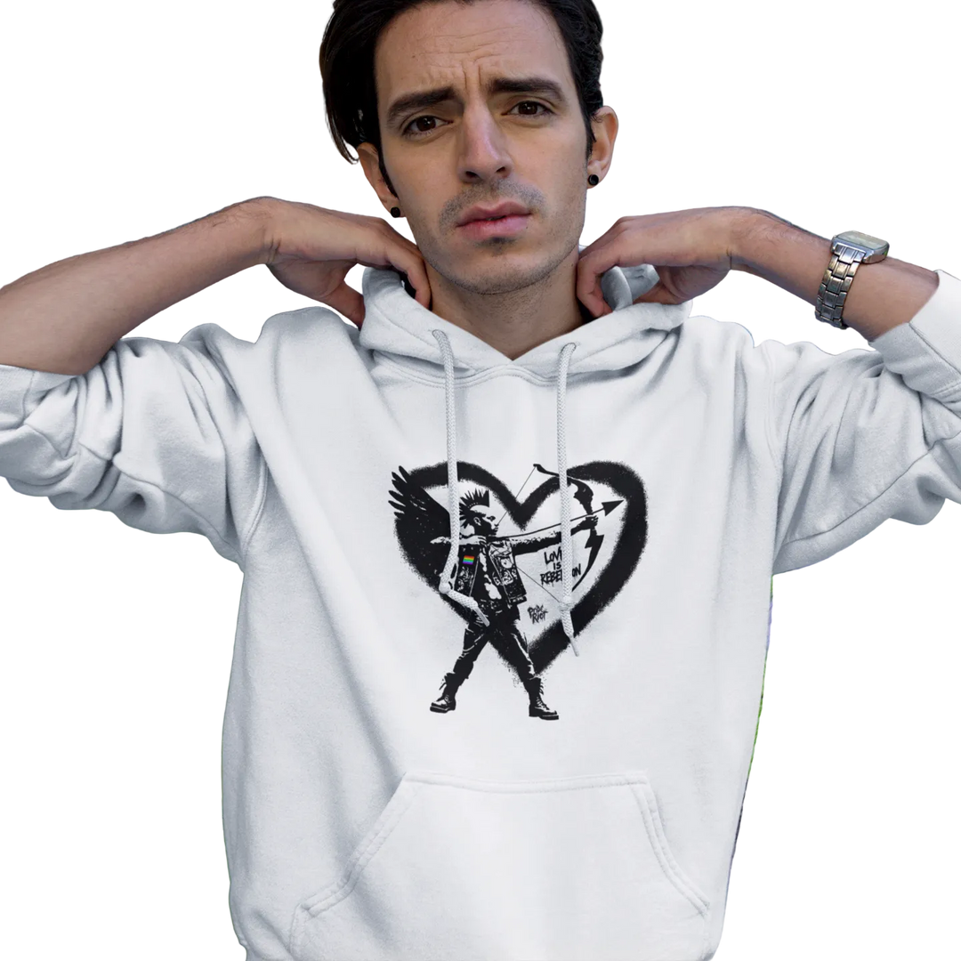 Cupid Love is Rebellion hoodie worn by a model, white — winged punk Cupid drawing a bow inside a spray-paint heart, LOVE IS REBELLION — Pride Riot