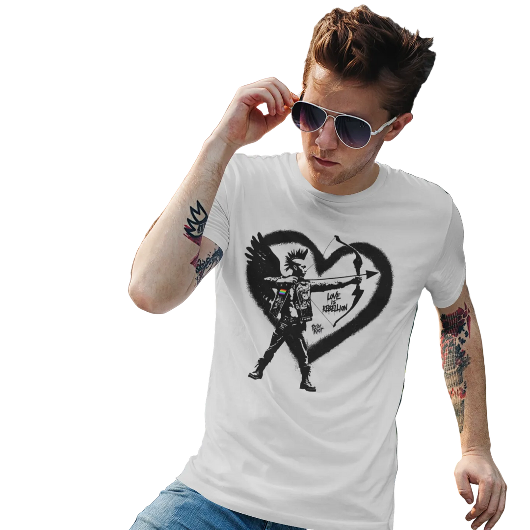 Cupid Love is Rebellion tee worn by a model, white — a black heart and archer with LOVE IS REBELLION — Pride Riot