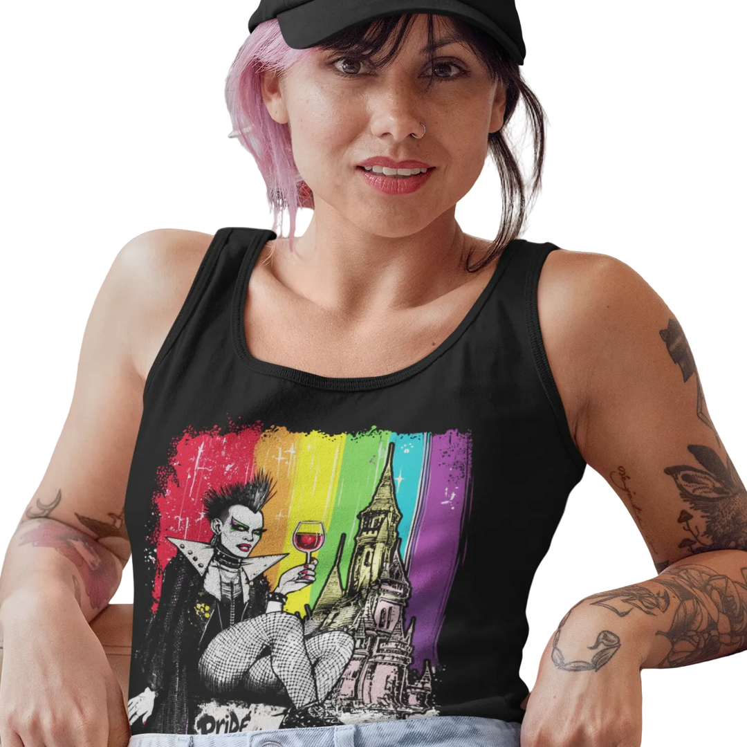 Dracula queer punk tank worn by a model, black — Pride Riot