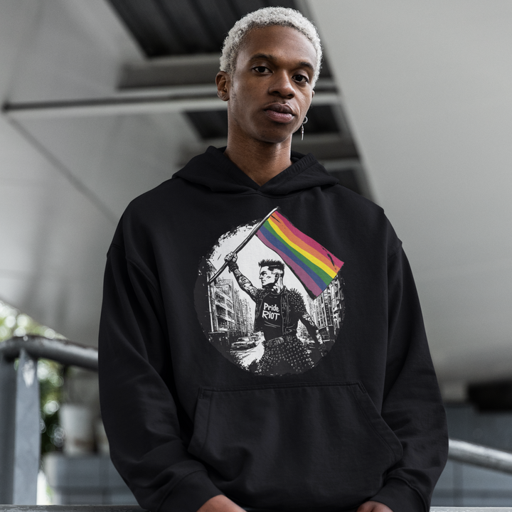 Front view of a black hoodie featuring the Legacy Pride flag. The flag design has a heavy digital glitch effect, looking distressed and pixelated.