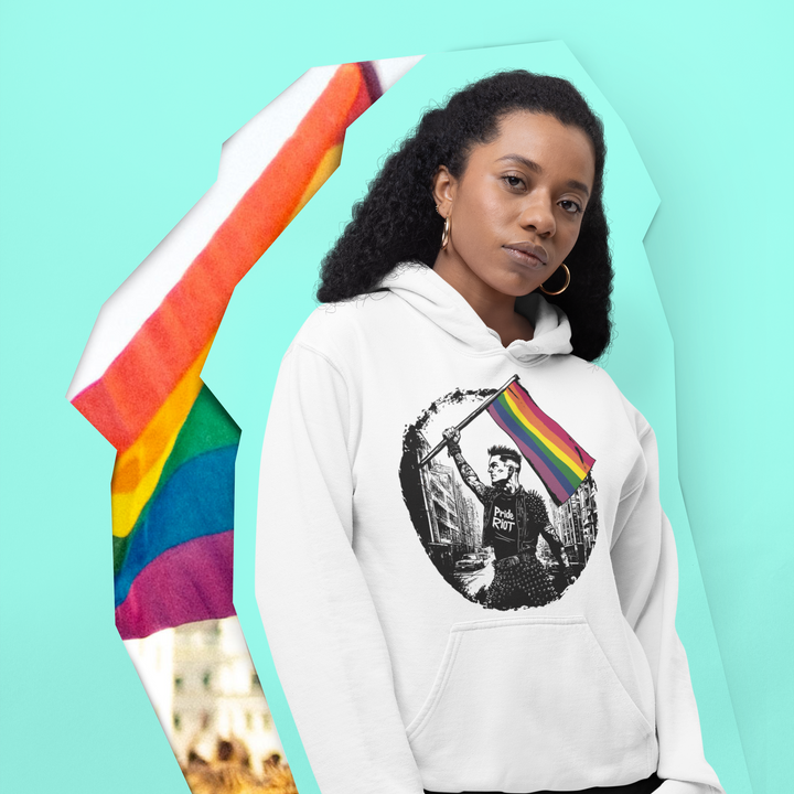 A model wearing the Flagbearer hoodie in a grunge-inspired outfit, demonstrating the relaxed, unisex fit.