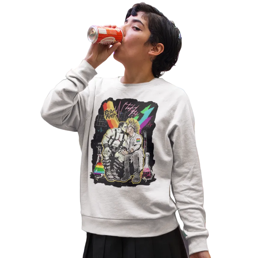 Frankenstein long sleeve worn by a model, white — Pride Riot