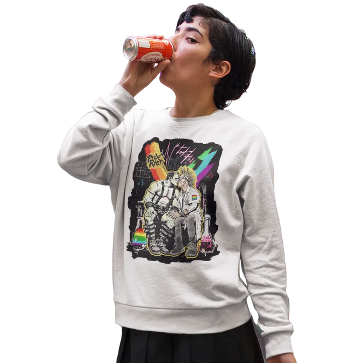 Frankenstein long sleeve worn by a model, white — Pride Riot