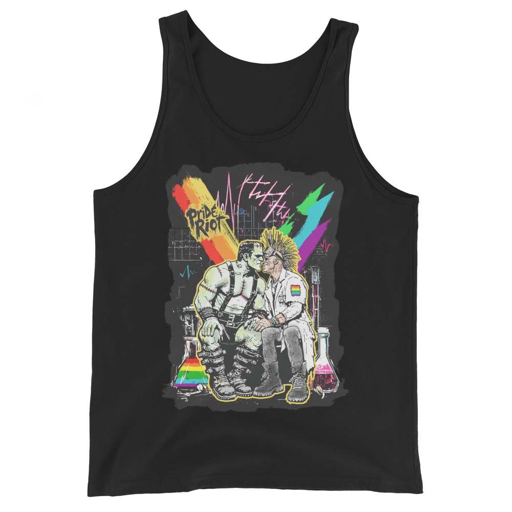 Frankenstein tank in black, front — Frankenstein's monster and a punk scientist kissing in a rainbow-lit lab