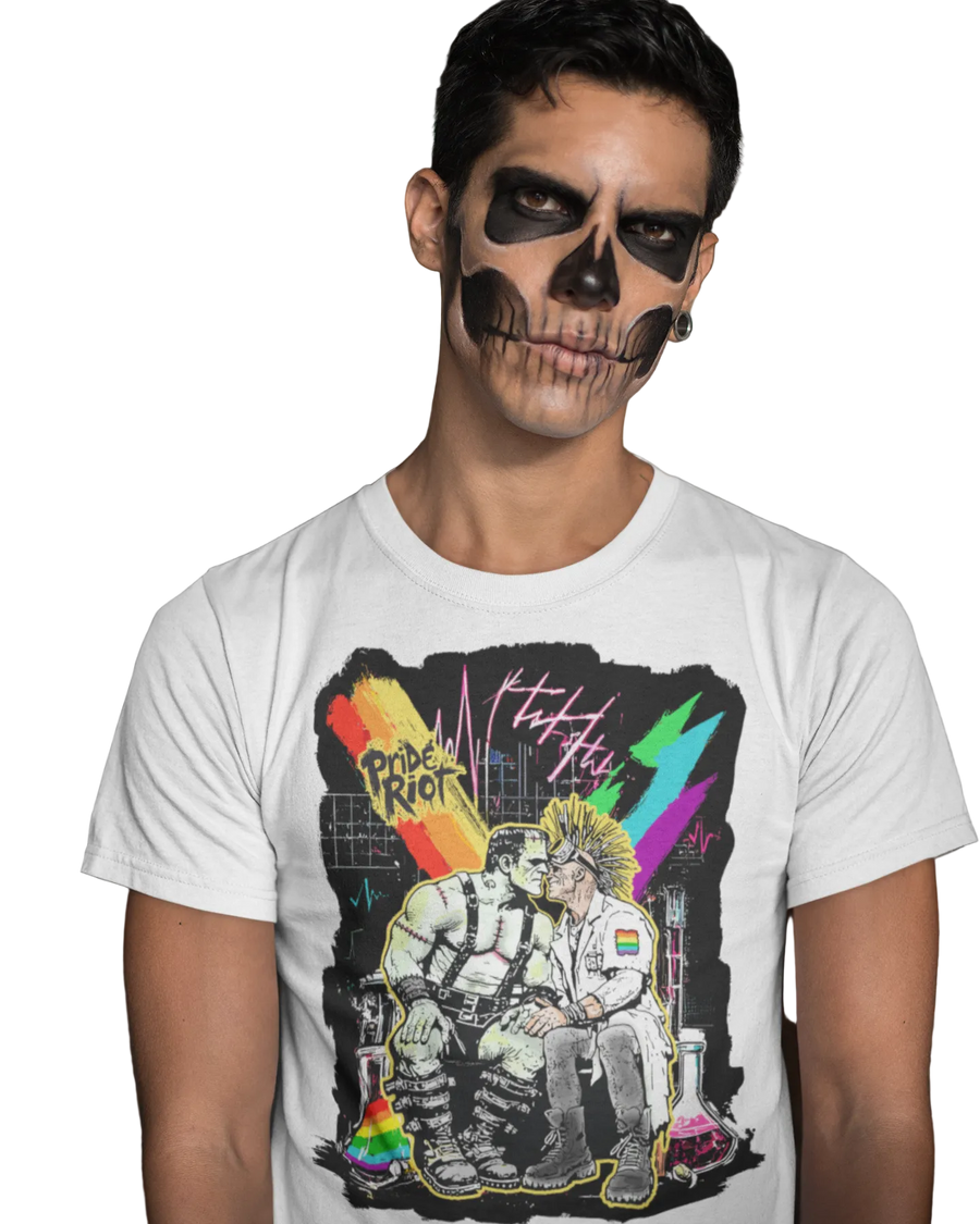 Frankenstein tee in white, worn — Frankenstein's monster and a punk scientist kissing in a rainbow-lit lab