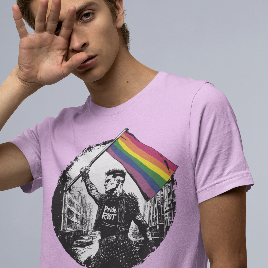 Front view of a Heather Prism Lilac t-shirt featuring the classic 6-stripe Gay Pride rainbow flag. The flag is waving but features a digital glitch effect, giving it a distorted, modern gothic look.