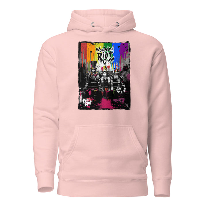 A neatly folded stack of Alice in Anarchy hoodies showing the available color palette: Light Pink. The thick ribbed cuffs are visible in the fold