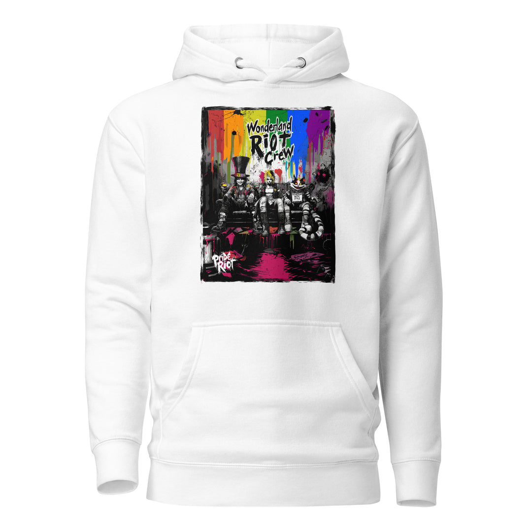 Alice in Anarchy hoodies showing the available color palette: White. The thick ribbed cuffs are visible in the fold