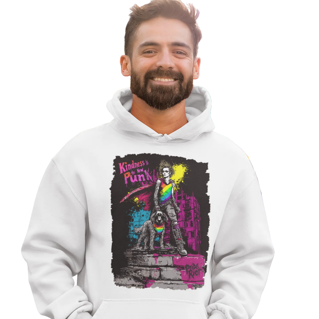 Kindness Is the New Punk hoodie worn by a model — Pride Riot