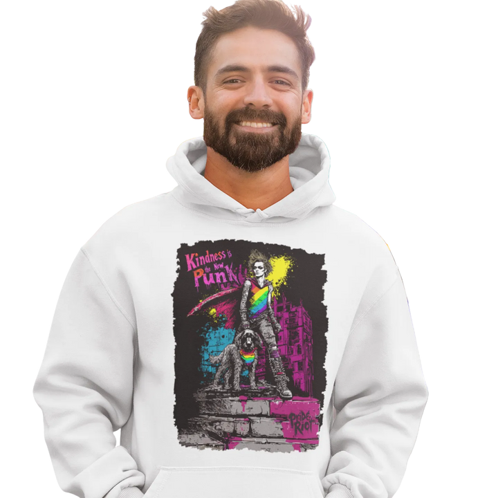 Kindness Is the New Punk hoodie worn by a model — Pride Riot