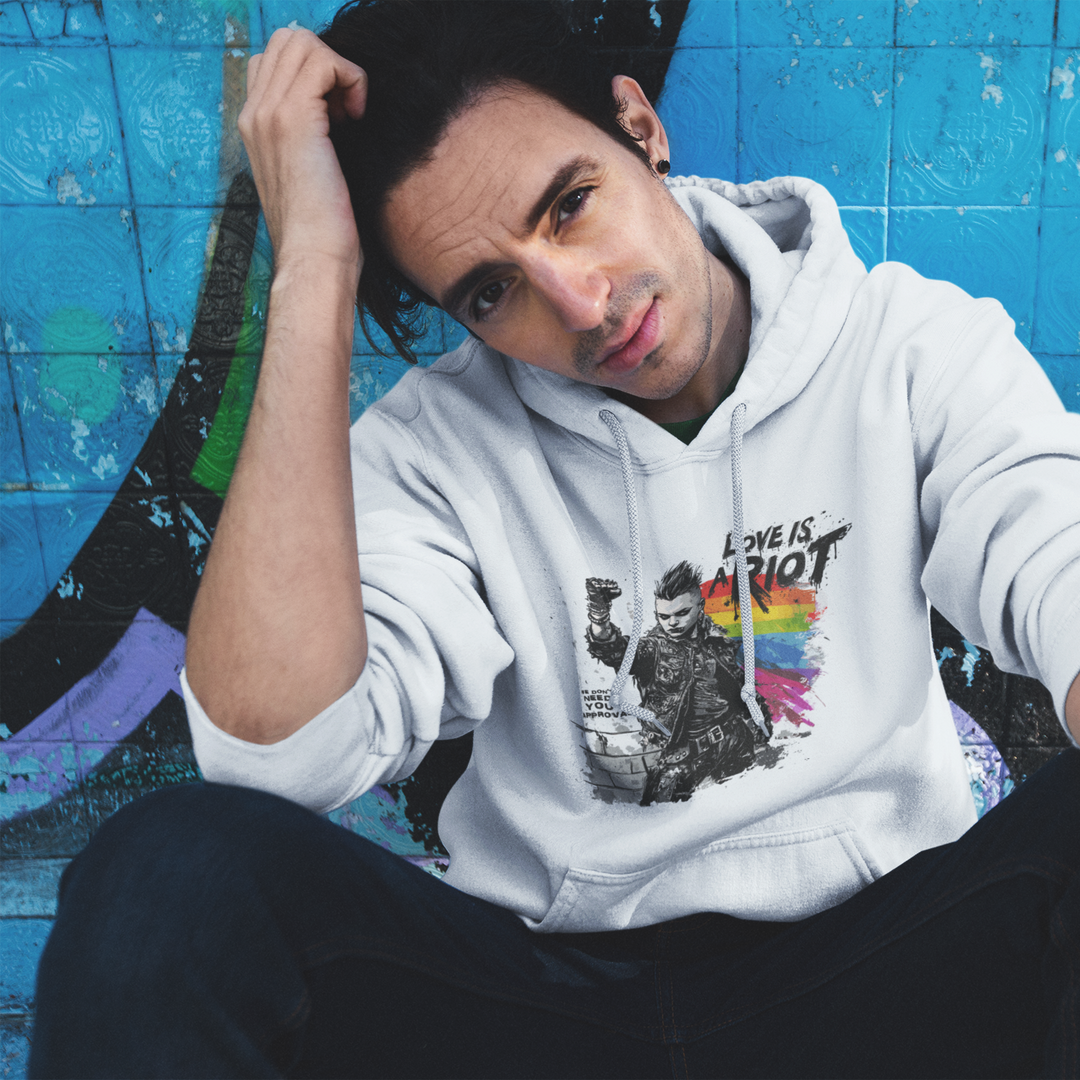 Love is a Riot (Light) hoodie worn by a model, white — LOVE IS A RIOT print — Pride Riot