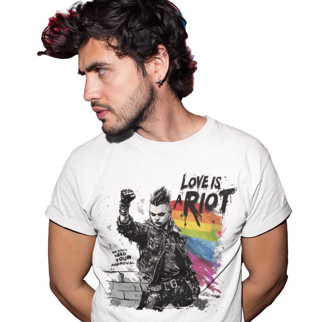 Love is a Riot (Light) tee worn by a model, white — punk figure in black and multicolour with LOVE IS A RIOT — Pride Riot