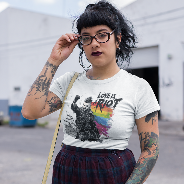 Love is a Riot (Light) tee worn by a model, white — industrial setting — Pride Riot