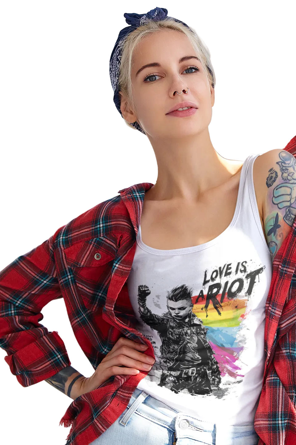 Love is a Riot tank worn by a model, white — by a window — Pride Riot