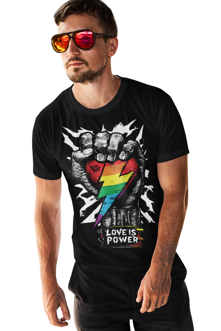 Love is Power (Dark) tee worn by a model, black — Pride Riot