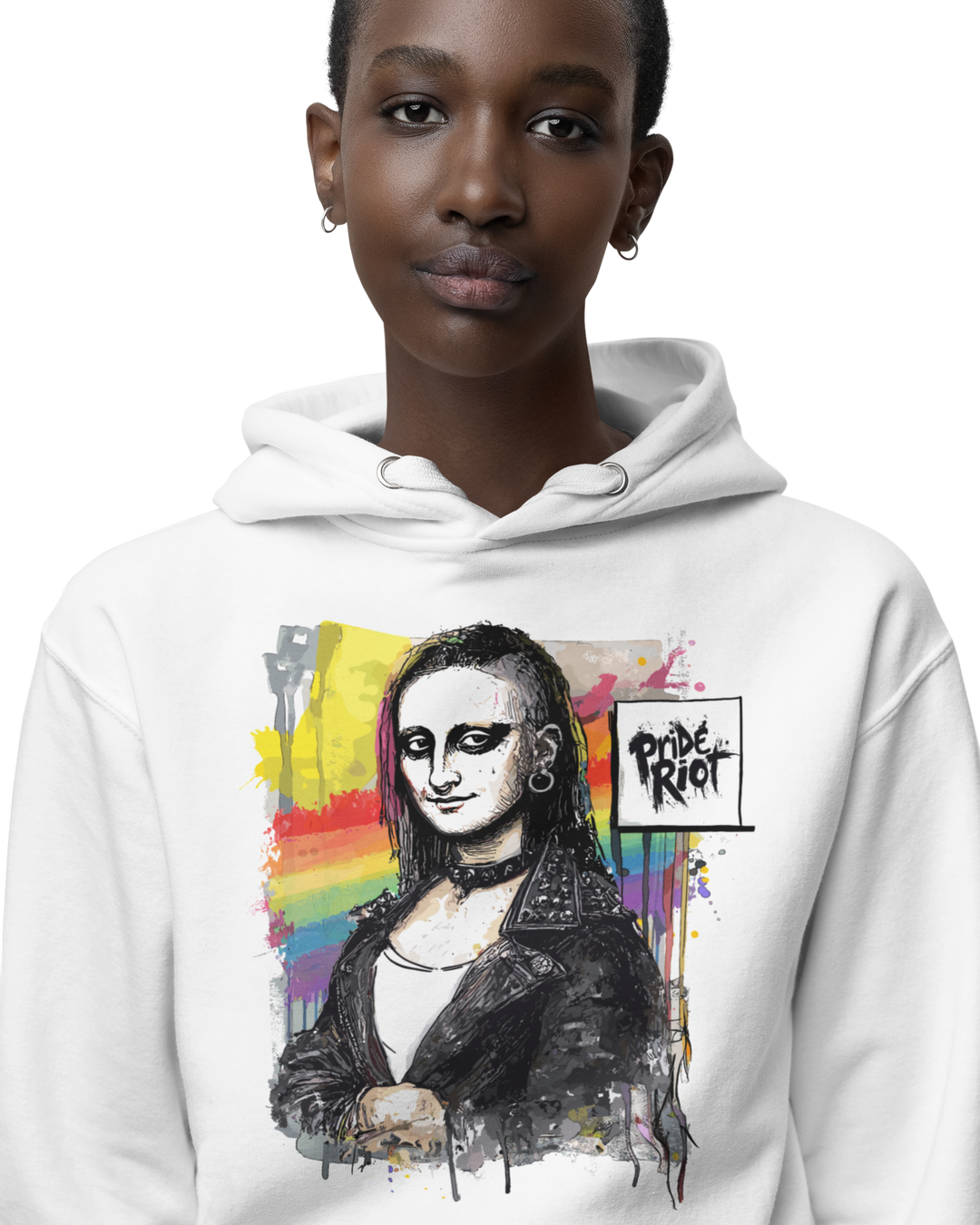 Mona Lisa hoodie worn by a model — Pride Riot