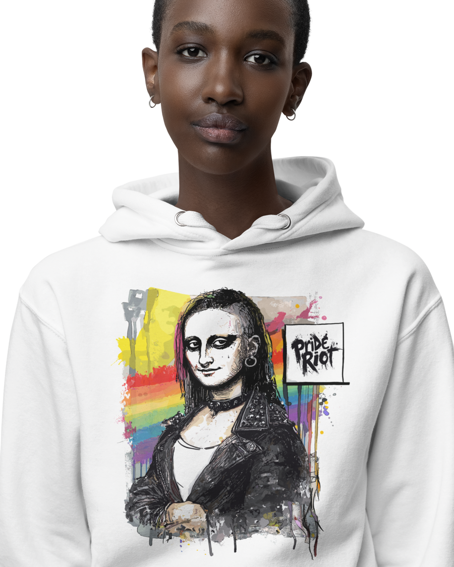 Mona Lisa hoodie worn by a model — Pride Riot