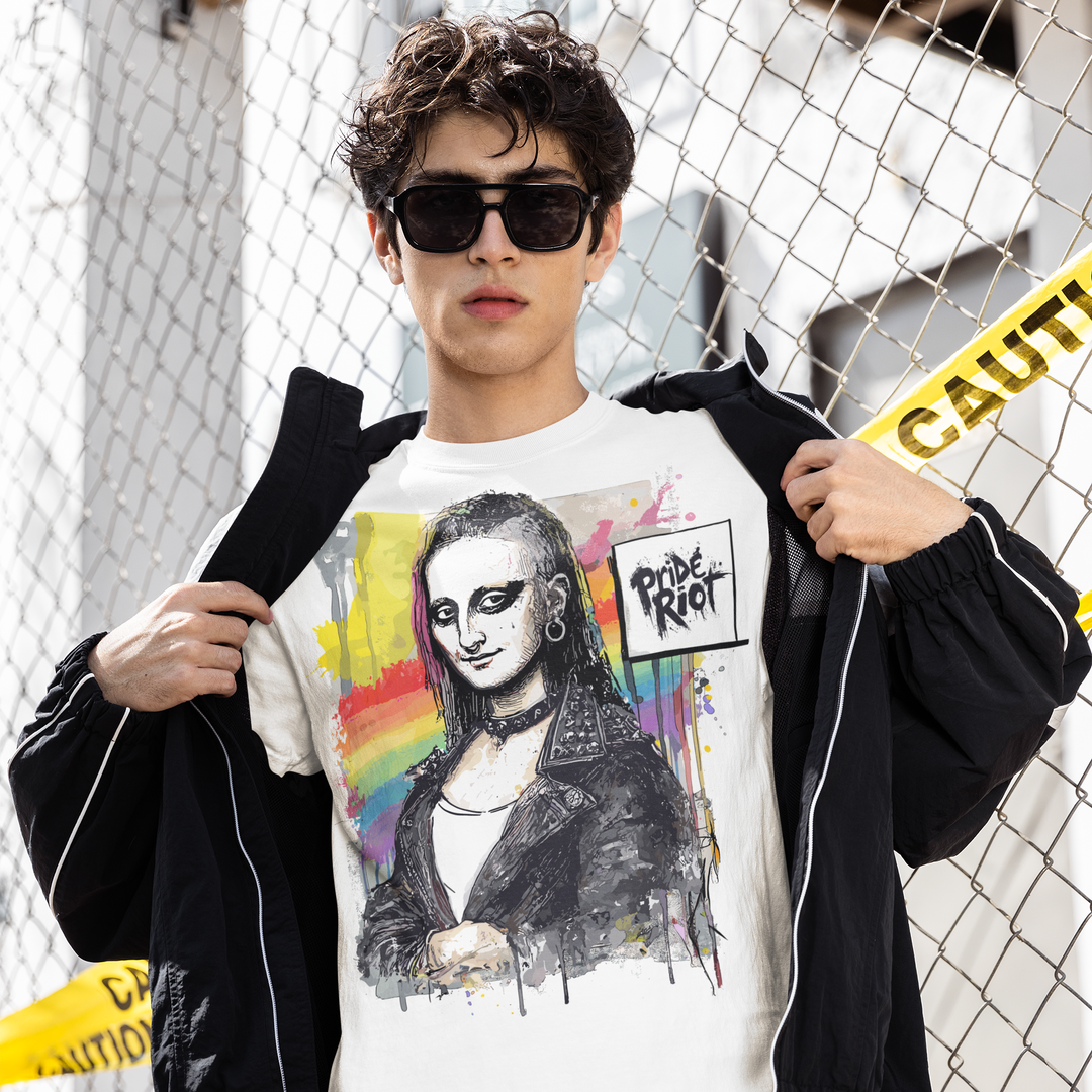 Model wearing a premium, heavyweight white t-shirt. The shirt features a punk-rock remix of the Mona Lisa, screen-printed with a distressed texture. The fit is boxy and structured, typical of high-end streetwear, with a high ribbed collar and vintage wash finish