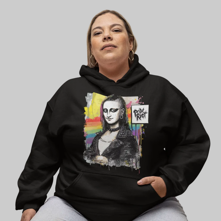 Front view of Black Mona Lisa Punk Unisex Hoodie featuring alternative Queer Art Rebellion graphic on soft fleece fabric.