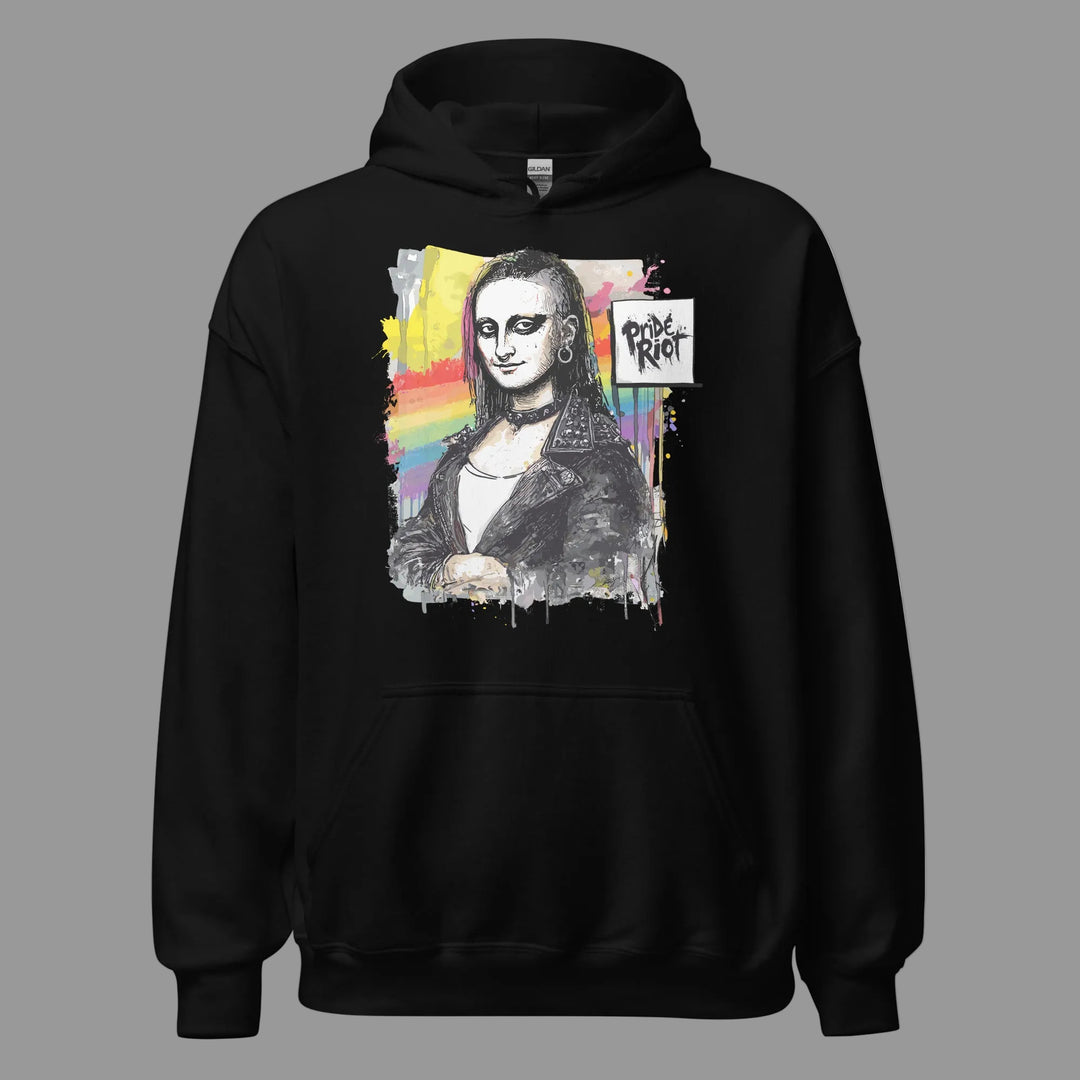 Front view of Light Pink Mona Lisa Punk Unisex Hoodie featuring alternative Queer Art Rebellion graphic on soft fleece fabric.