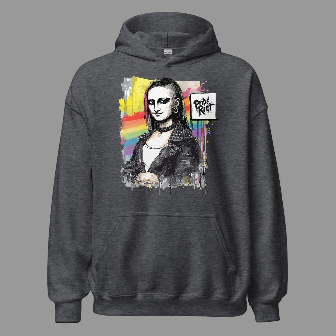 Front view of Light Pink Mona Lisa Punk Unisex Hoodie featuring alternative Queer Art Rebellion graphic on soft fleece fabric.