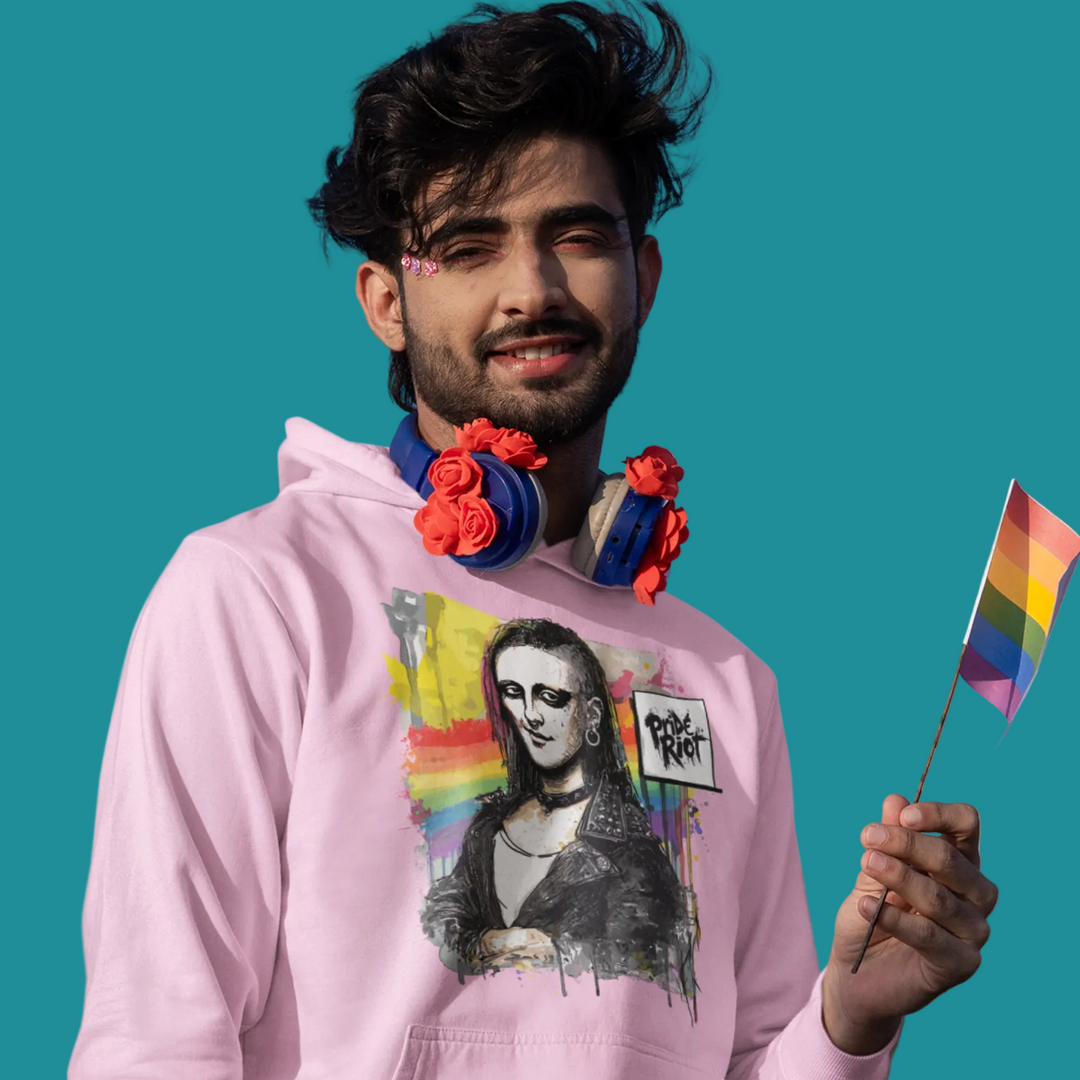 Front view of Light Pink Mona Lisa Punk Unisex Hoodie featuring alternative Queer Art Rebellion graphic on soft fleece fabric.