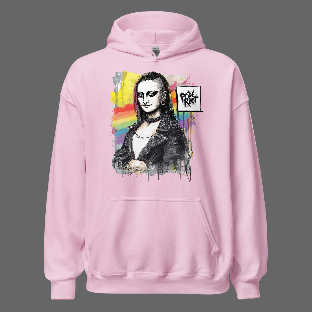 Front view of Light Pink Mona Lisa Punk Unisex Hoodie featuring alternative Queer Art Rebellion graphic on soft fleece fabric.