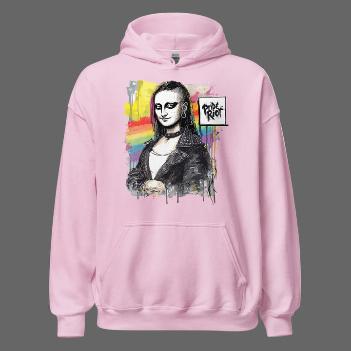 Front view of Light Pink Mona Lisa Punk Unisex Hoodie featuring alternative Queer Art Rebellion graphic on soft fleece fabric.
