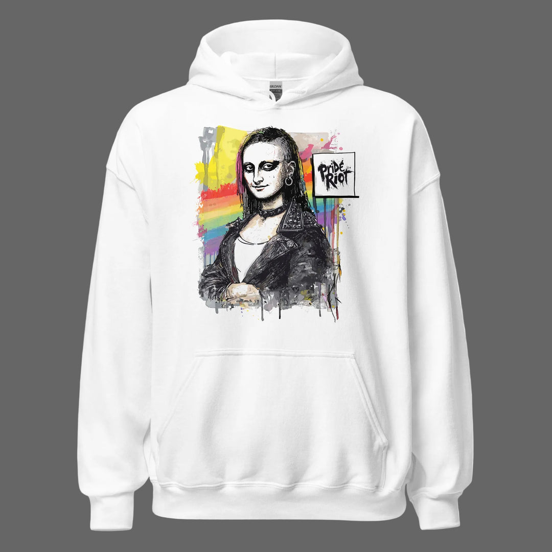 Front view of white Mona Lisa Punk Unisex Hoodie featuring alternative Queer Art Rebellion graphic on soft fleece fabric.