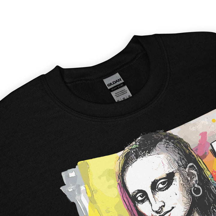 View of Black Mona Lisa Punk Crewneck Sweatshirt featuring alternative queer art graphic on cozy blend soft fabric.
