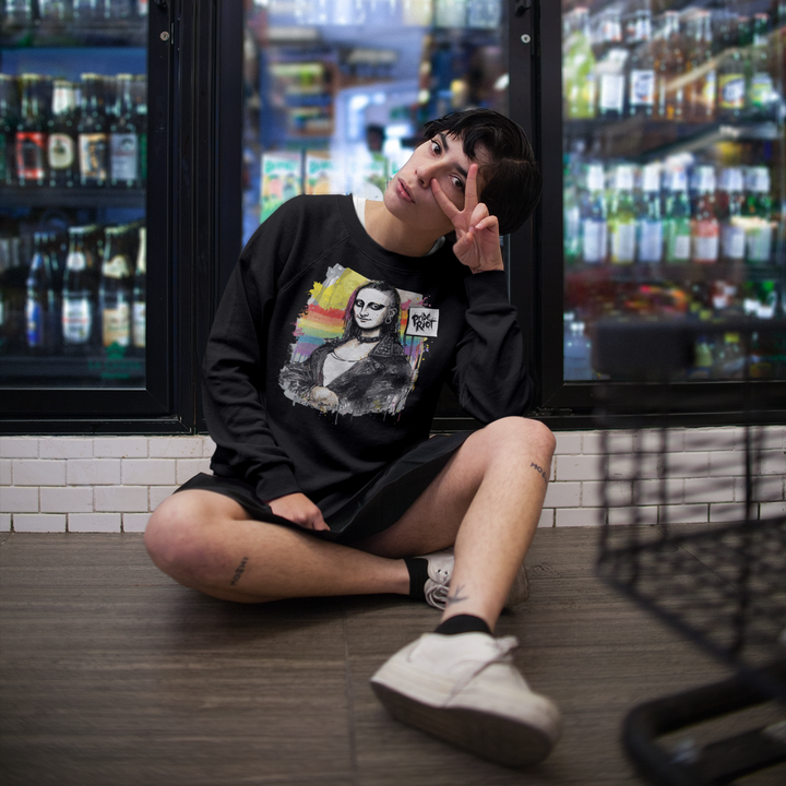 Front view of Black Mona Lisa Punk Crewneck Sweatshirt featuring alternative queer art graphic on cozy blend soft fabric.