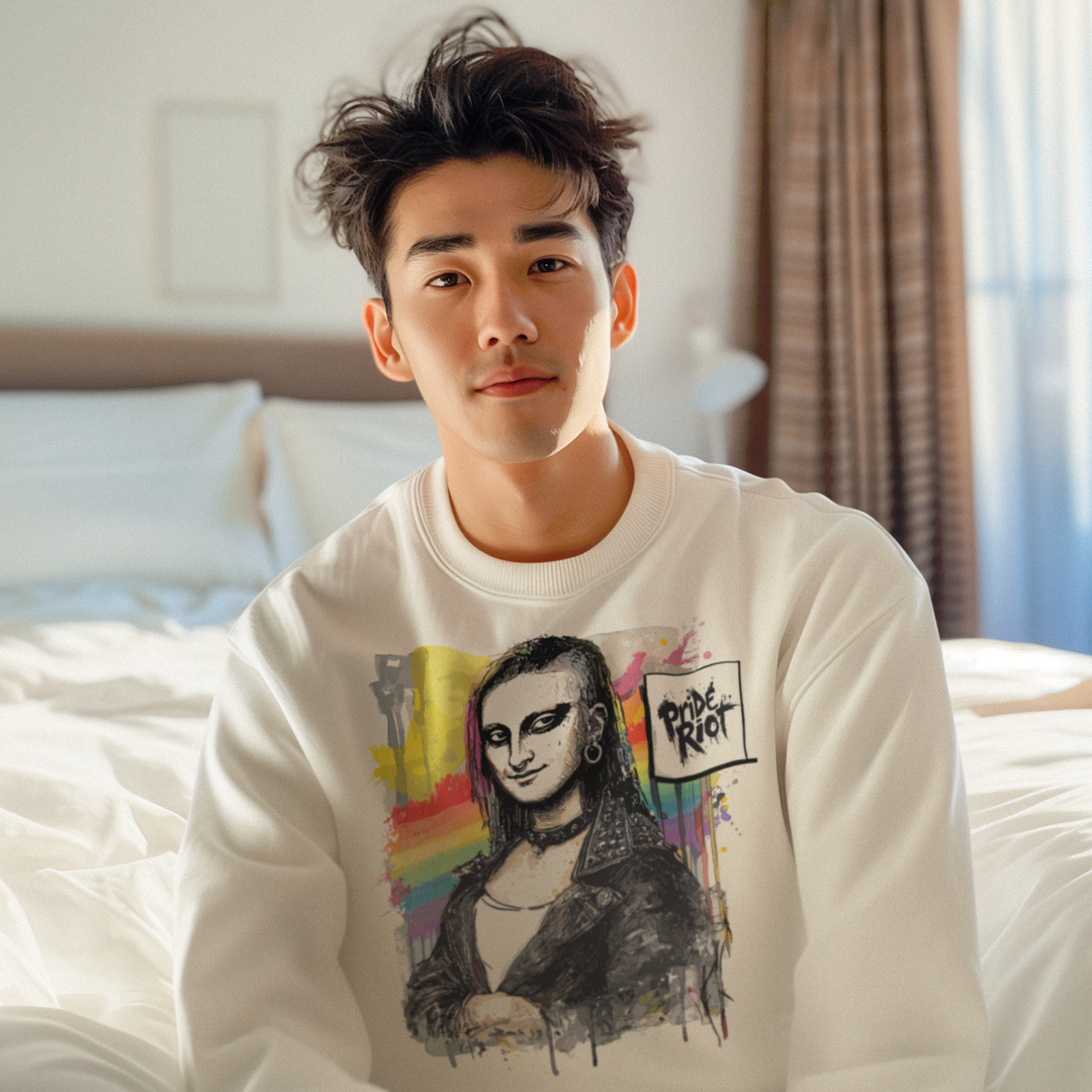 Front view of white Mona Lisa Punk Crewneck Sweatshirt featuring alternative queer art graphic on cozy blend fabric.