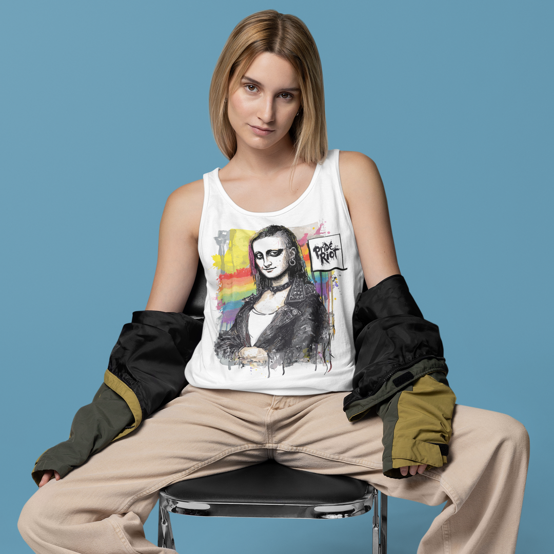 Model wearing a black unisex tank top in a high-energy setting. The shirt features a punk-rock remix of the Mona Lisa. The look suggests queer nightlife or summer festival style.