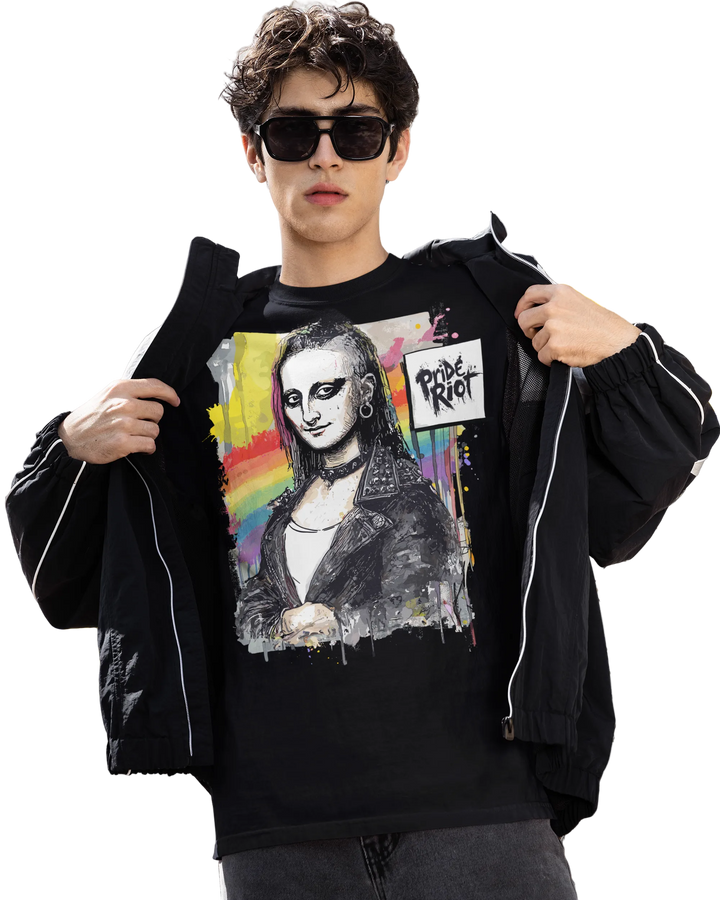 Mona Lisa tee worn by a model — Pride Riot