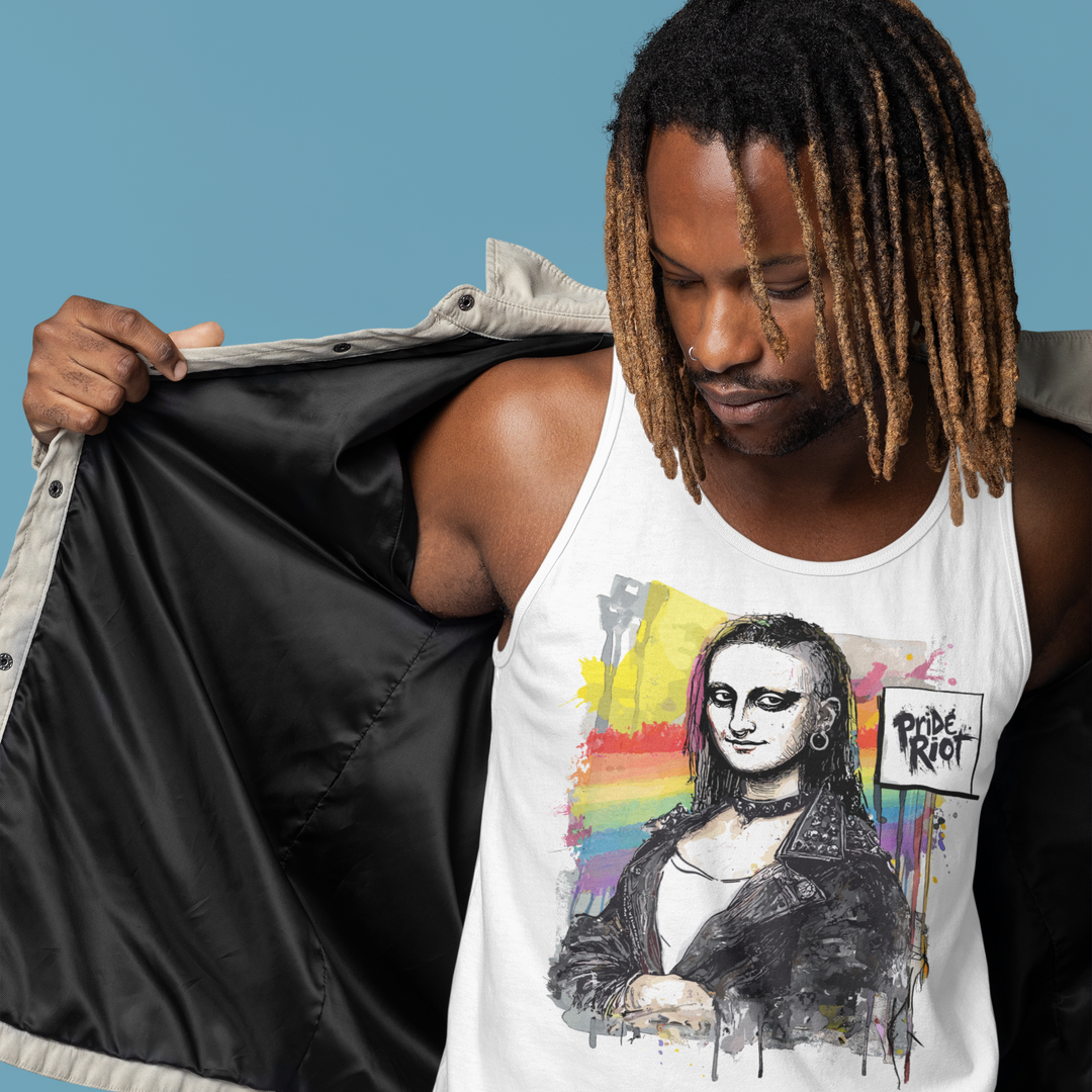 Full-body view of the graphic tank on a model. Shows the unisex retail fit with comfortable armholes that allow for movement without being overly loose. Suitable for gym or casual wear.