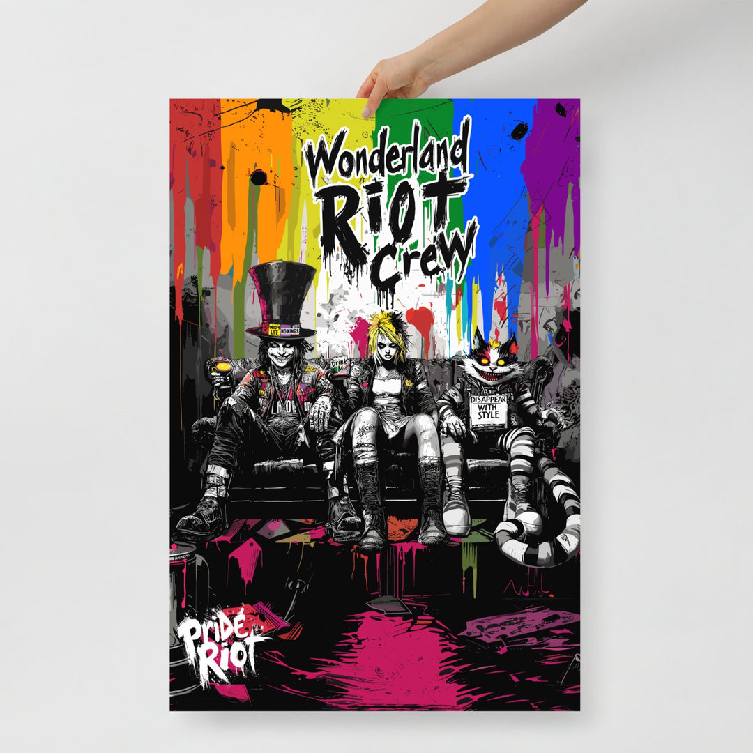 Front view of the Alice in Anarchy poster featuring a distorted, punk-rock Alice graphic. The image has a glitch effect with neon cyan and magenta accents against a dark background.