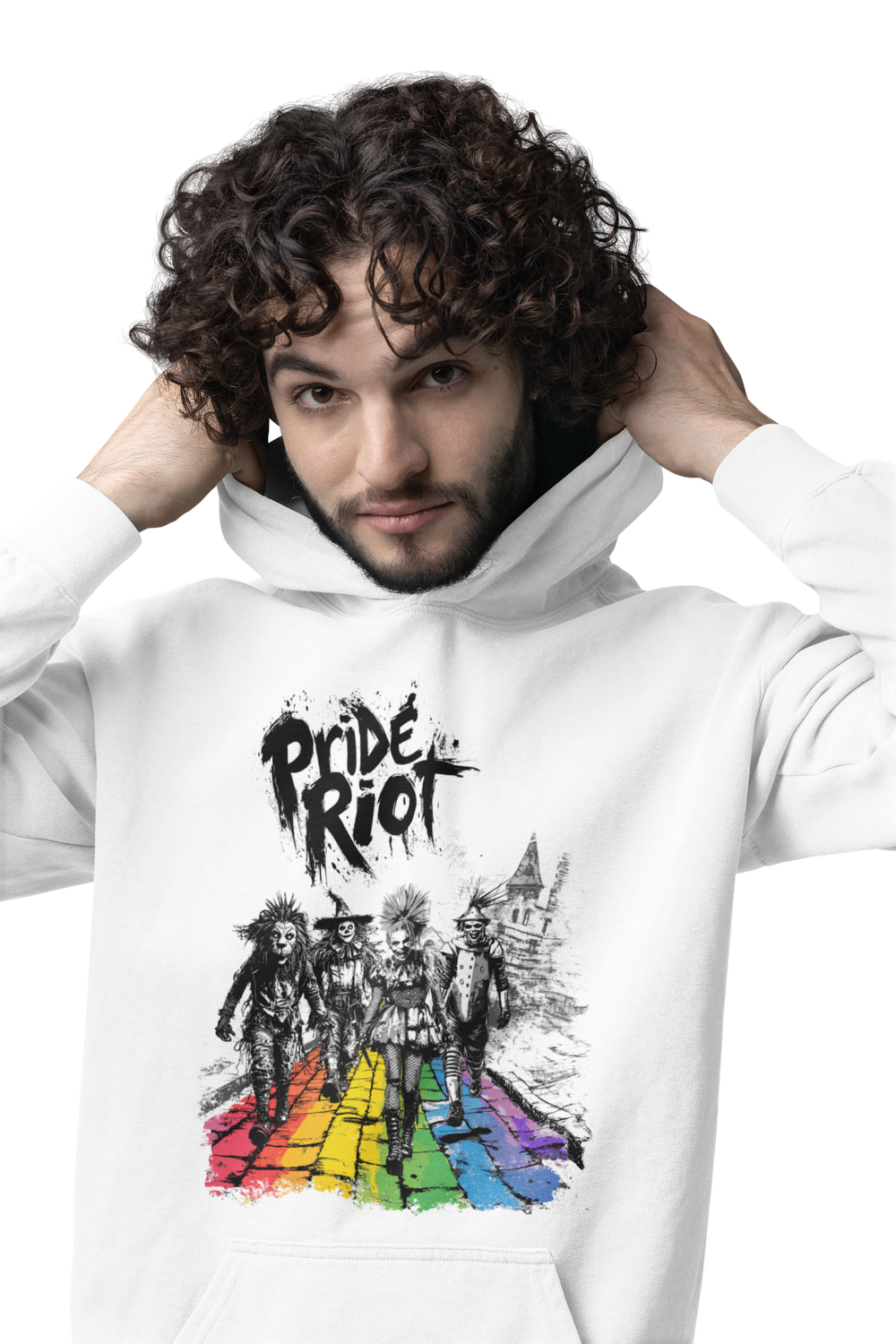 No Place Like Loud hoodie in white, worn — PRIDE RIOT over punks walking a rainbow road
