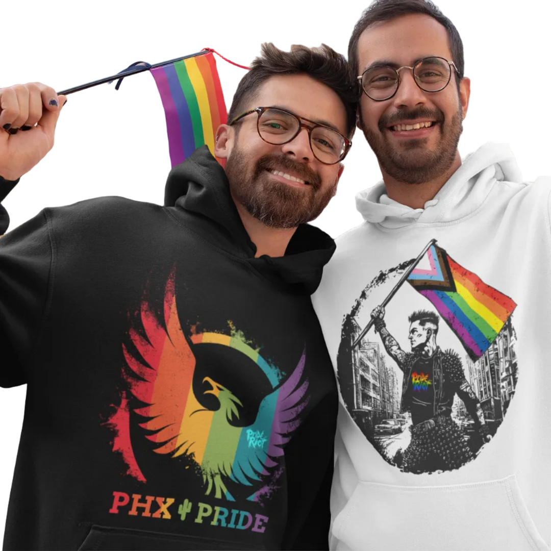 PHX Pride hoodie in black, worn — a rising phoenix in rainbow flame, Pride Riot