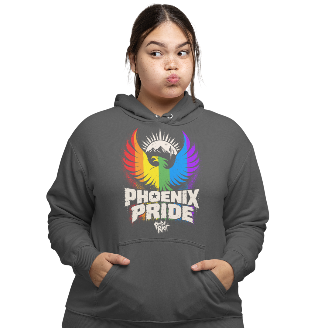PHX Pride hoodie in india ink grey, worn, front — rainbow phoenix rising, Pride Riot®
