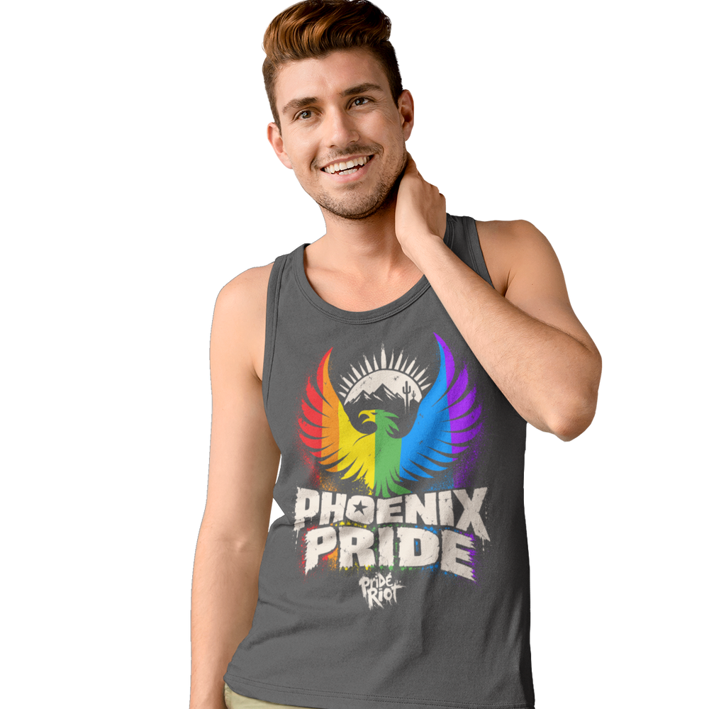 PHX Pride tank in charcoal heather, worn, front — rainbow phoenix rising, Pride Riot®