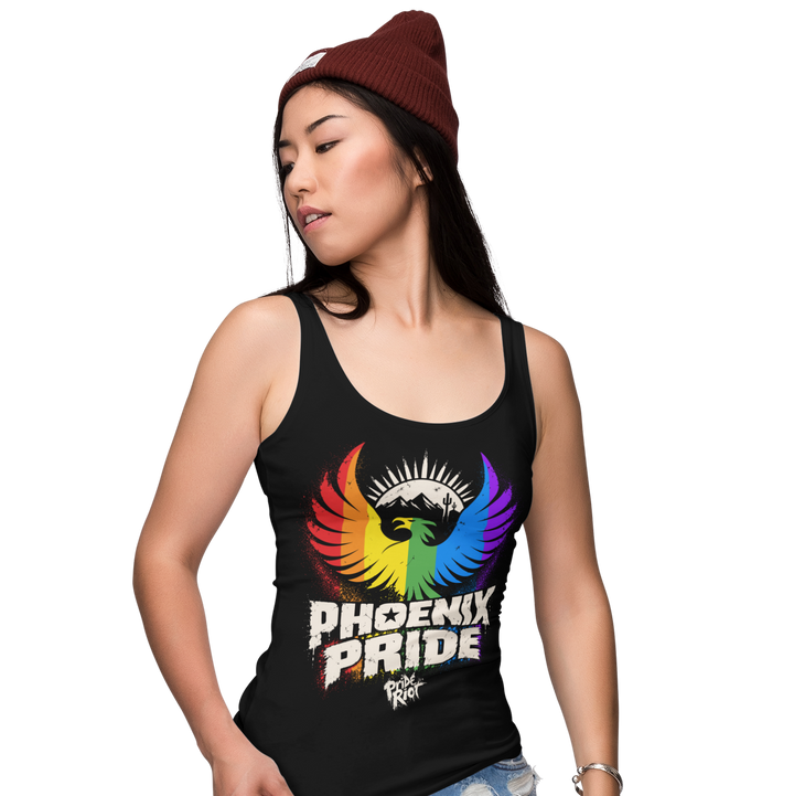 PHX Pride tank in charcoal heather, worn, front — rainbow phoenix rising, Pride Riot®