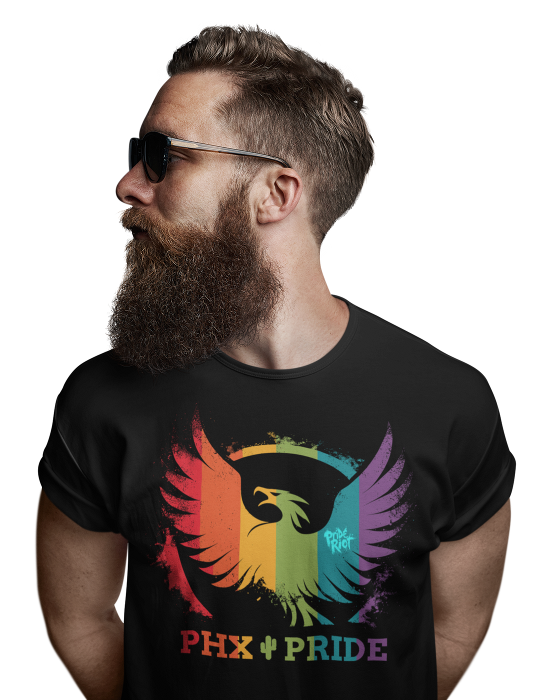 PHX Pride tee in black, worn — a rising phoenix in rainbow flame, Pride Riot