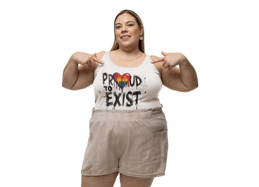 Proud to Exist tank in white, worn — PROUD TO EXIST with a dripping rainbow heart as the O