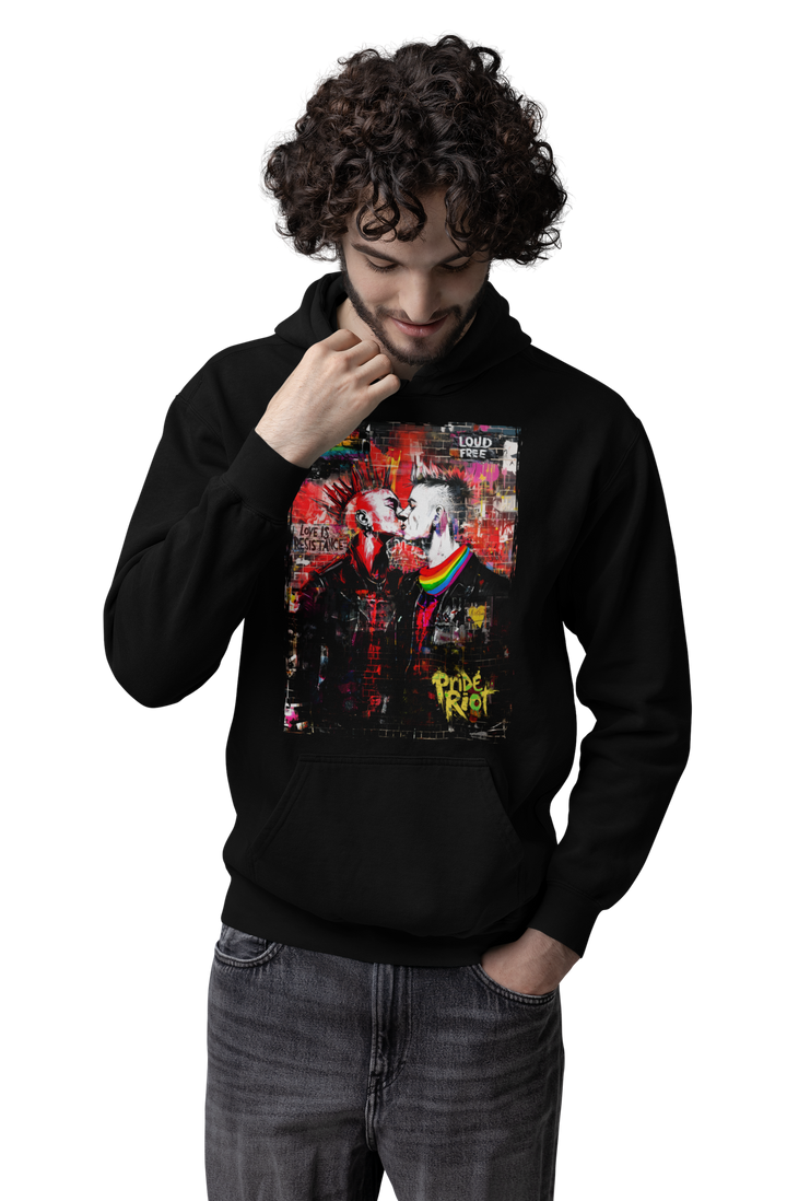 Punk Rock Kiss: Love Is Resistance hoodie worn by a model — Pride Riot