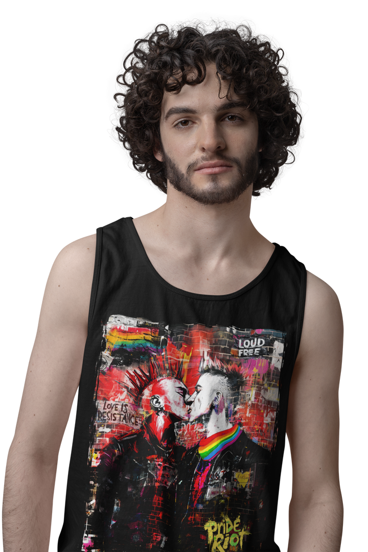 Punk Rock Kiss: Love Is Resistance tank worn by a model — Pride Riot