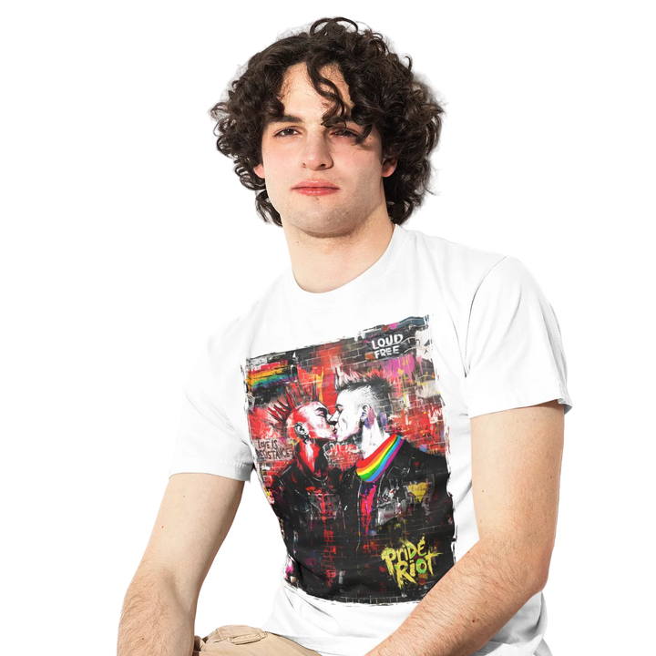 Punk Rock Kiss: Love Is Resistance tee worn by a model — Pride Riot